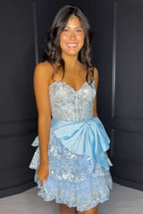 A Line Light Blue Homecoming Dress Strapless Short Prom Dress with Bow