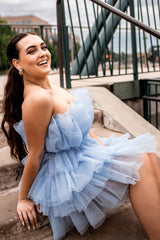 A-Line Light Blue Homecoming Dress Strapless Tiered Tulle Short Prom Dress