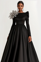 A-Line Long Black Wedding Guest Dress Satin Boat Neck Formal Dress With Long Sleeves