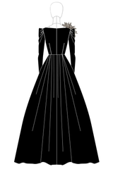 Dreamyannie A-Line Long Black Wedding Guest Dress Satin Boat Neck Formal Dress With Long Sleeves