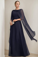 A Line Long Mother of the Bride Dress with Cape Sleeves Bow and Ruffles