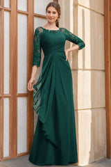 A Line Long Mother of the Bride Dresses with Scoop Neck 3/4 Sleeves Sequins Ruffles & Appliques
