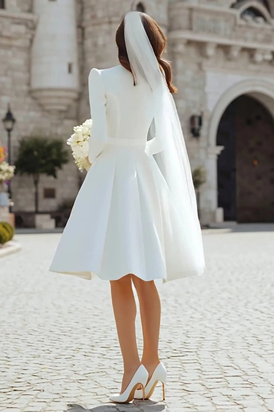 knee length dresses for ladies Short Long Sleeve Wedding Dress Annette Nude / US 16
