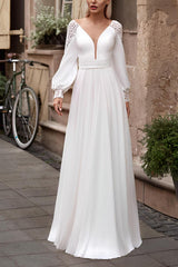 A Line Long Sleeves Sweep Train Organza Wedding Dress With Lace