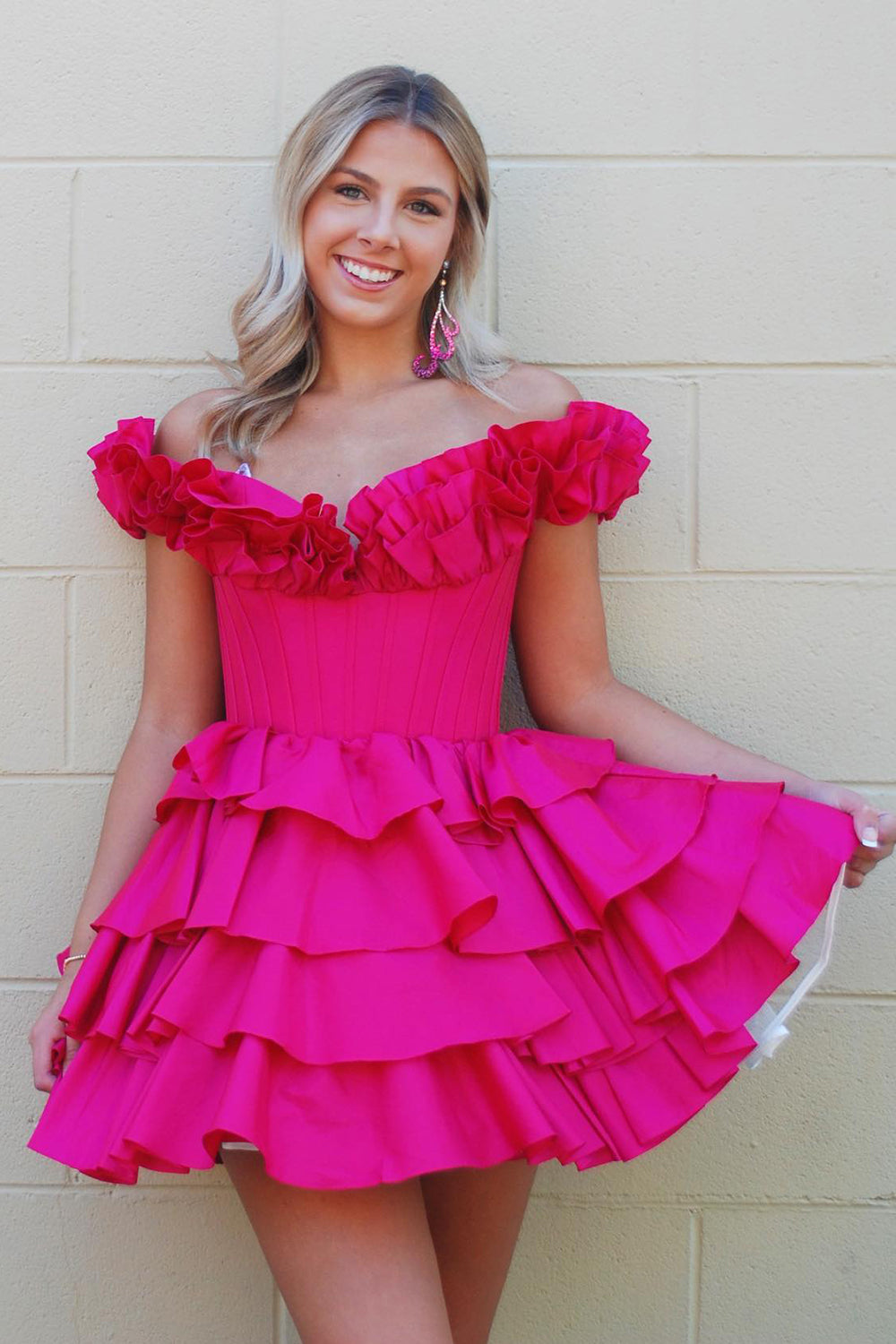 A -Line Off The Shoulder Golden Homecoming Dress Corset Short Prom Dress with Ruffles