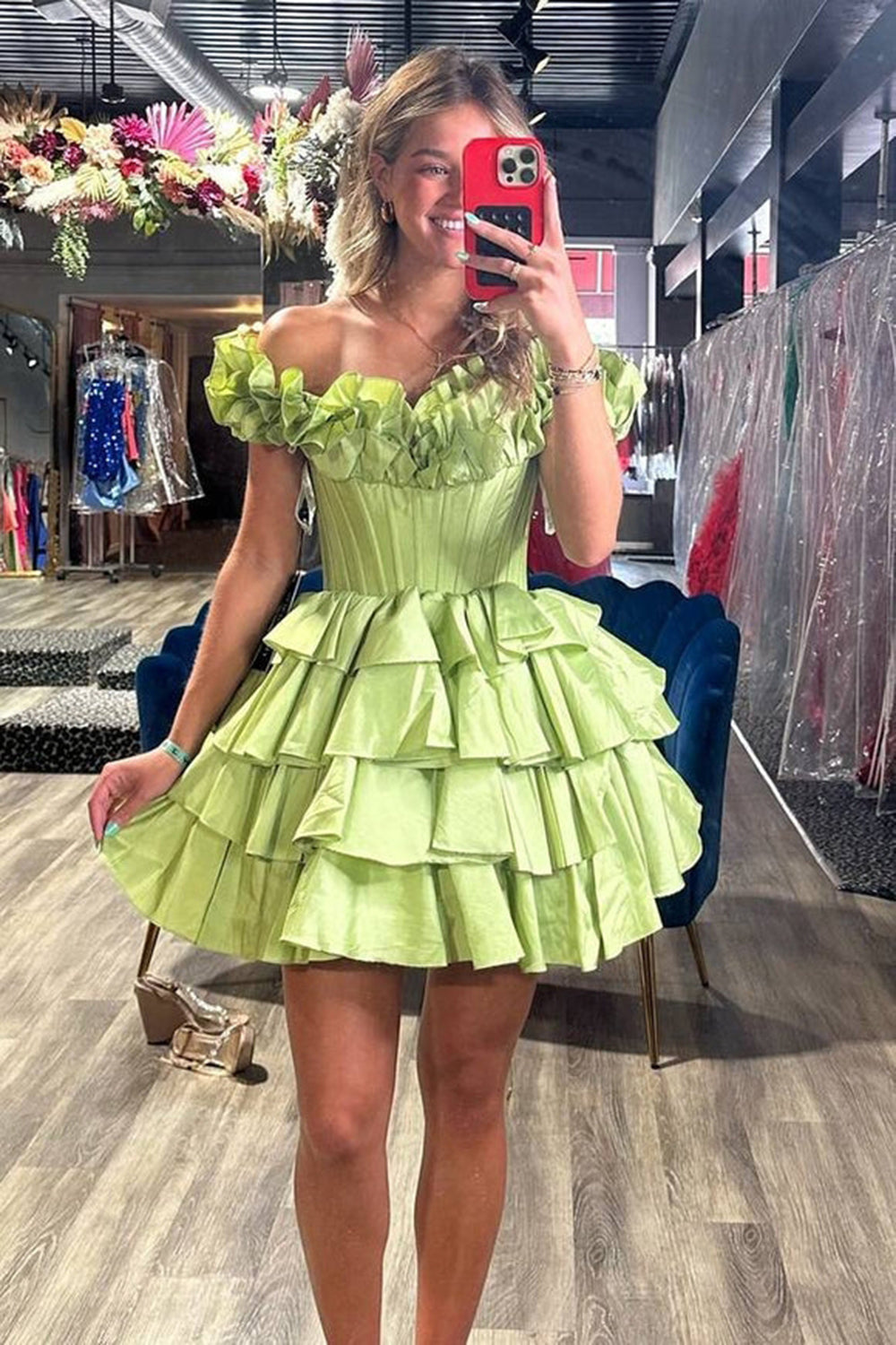 A -Line Off The Shoulder Golden Homecoming Dress Corset Short Prom Dress with Ruffles