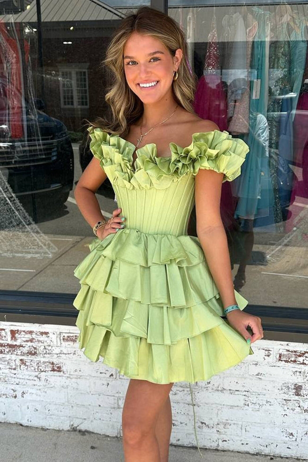 A -Line Off The Shoulder Golden Homecoming Dress Corset Short Prom Dress with Ruffles