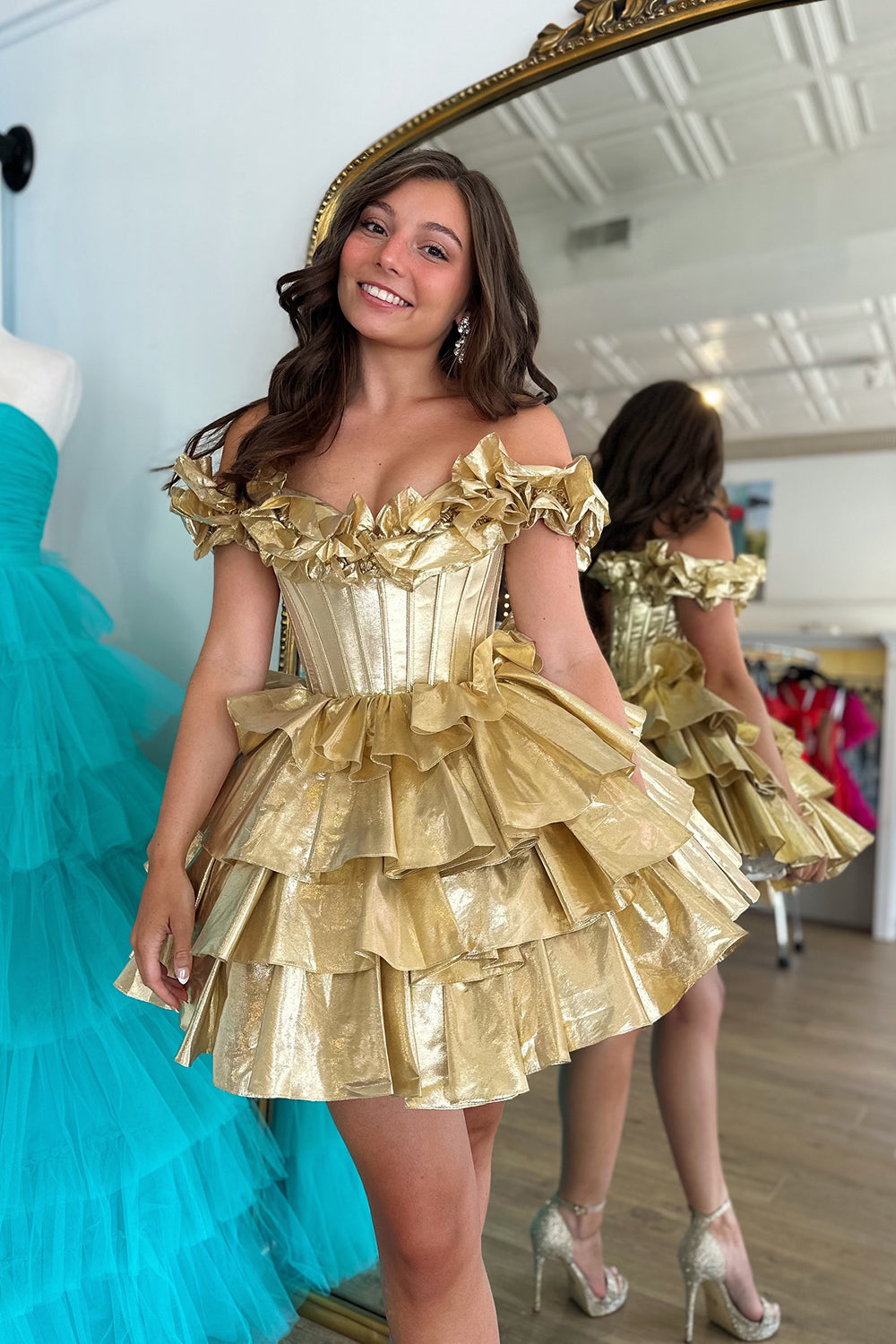 A -Line Off The Shoulder Golden Homecoming Dress Corset Short Prom Dress with Ruffles