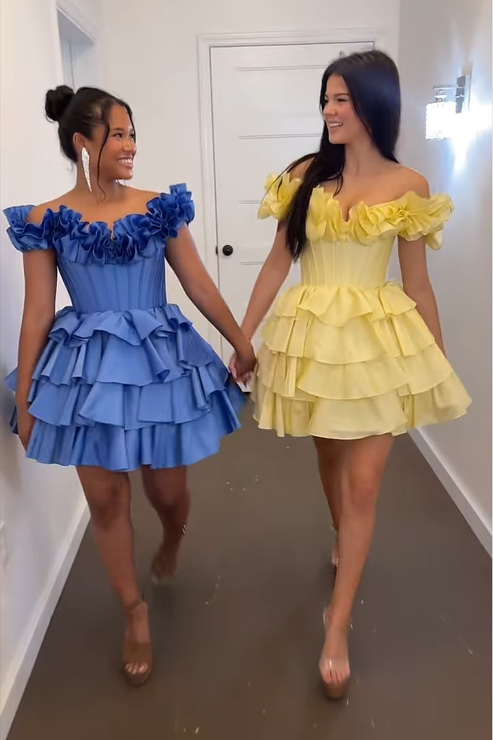 A -Line Off The Shoulder Golden Homecoming Dress Corset Short Prom Dress with Ruffles