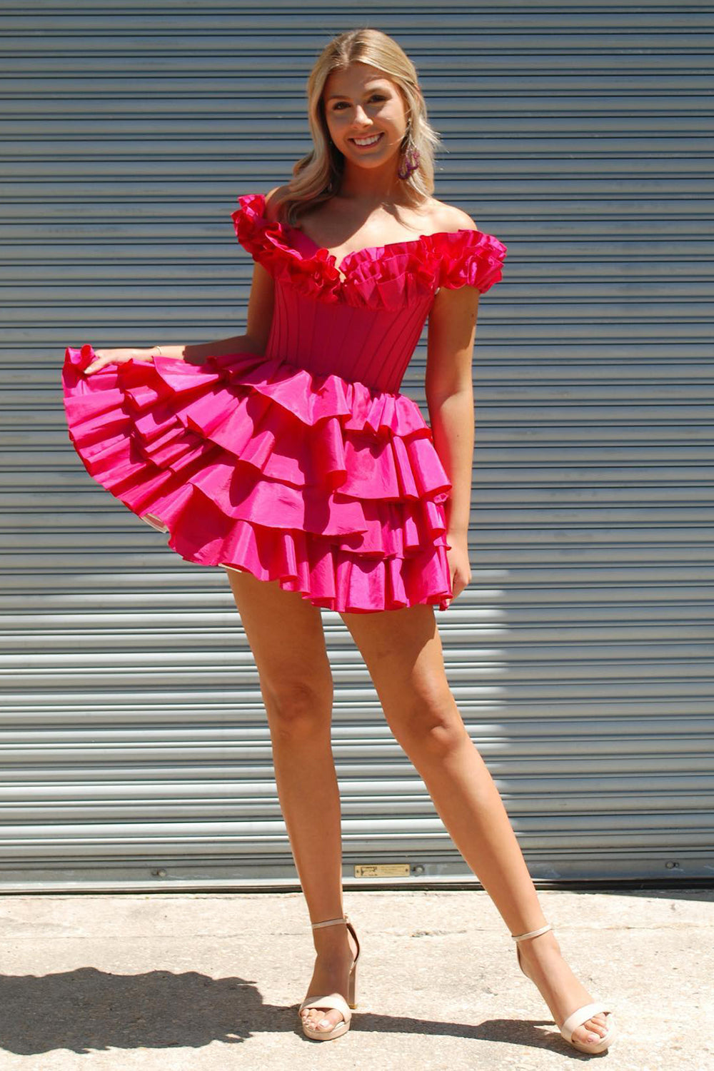 A -Line Off The Shoulder Golden Homecoming Dress Corset Short Prom Dress with Ruffles