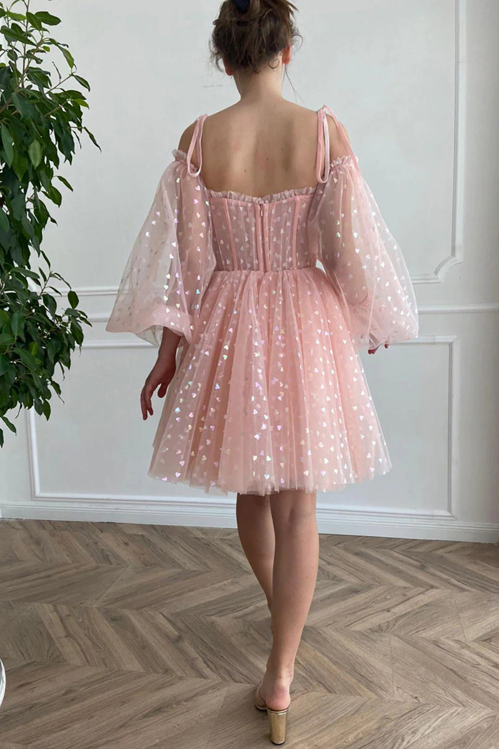 A Line Off the Shoulder Blush Homecoming Dress Short Prom Dress with Long Sleeves