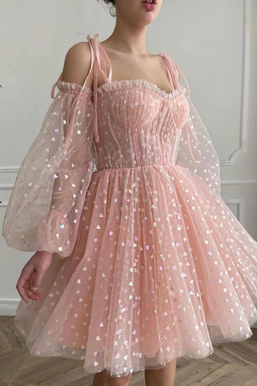 A Line Off the Shoulder Blush Homecoming Dress Short Prom Dress with Long Sleeves