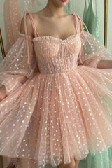 A Line Off the Shoulder Blush Homecoming Dress Short Prom Dress with Long Sleeves