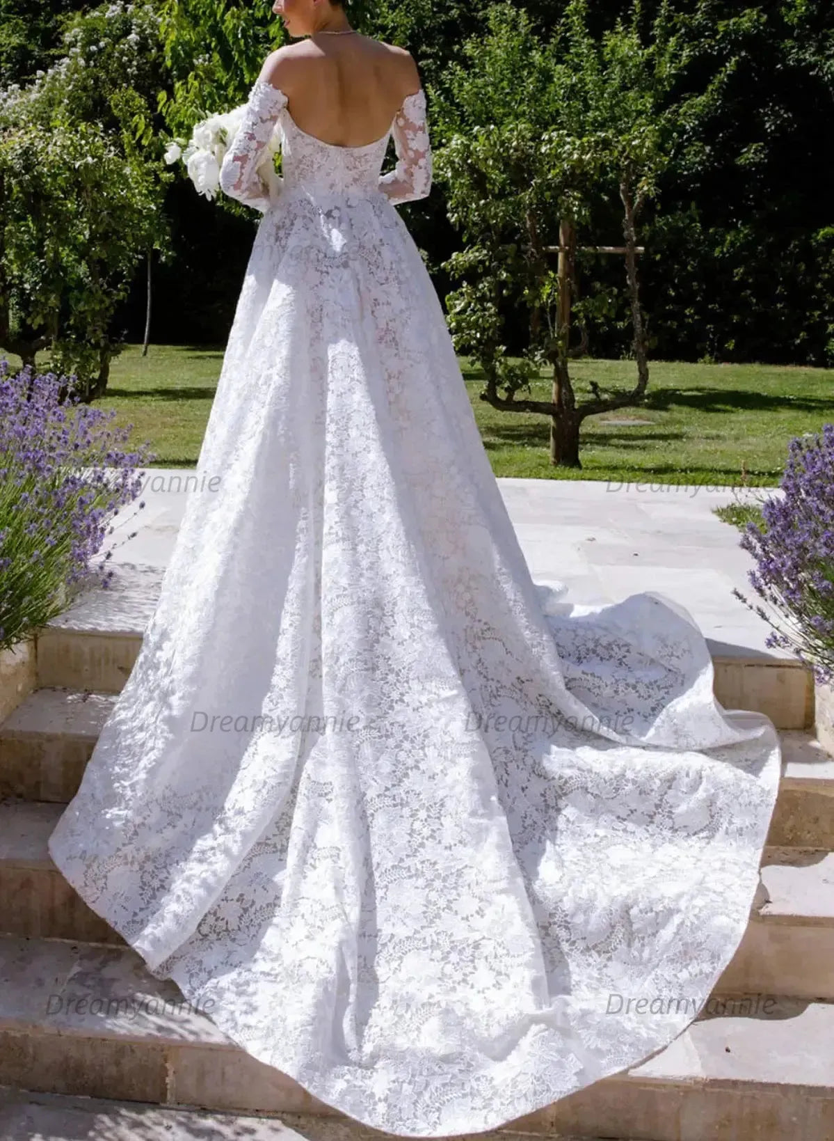 A Line Off the Shoulder Long Sleeves Cathedral Lace Wedding Dress with Appliques