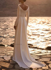 A Line Off the Shoulder Long Sleeves Sweep Train Elastic Satin Wedding Dress