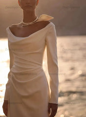 A Line Off the Shoulder Long Sleeves Sweep Train Elastic Satin Wedding Dress