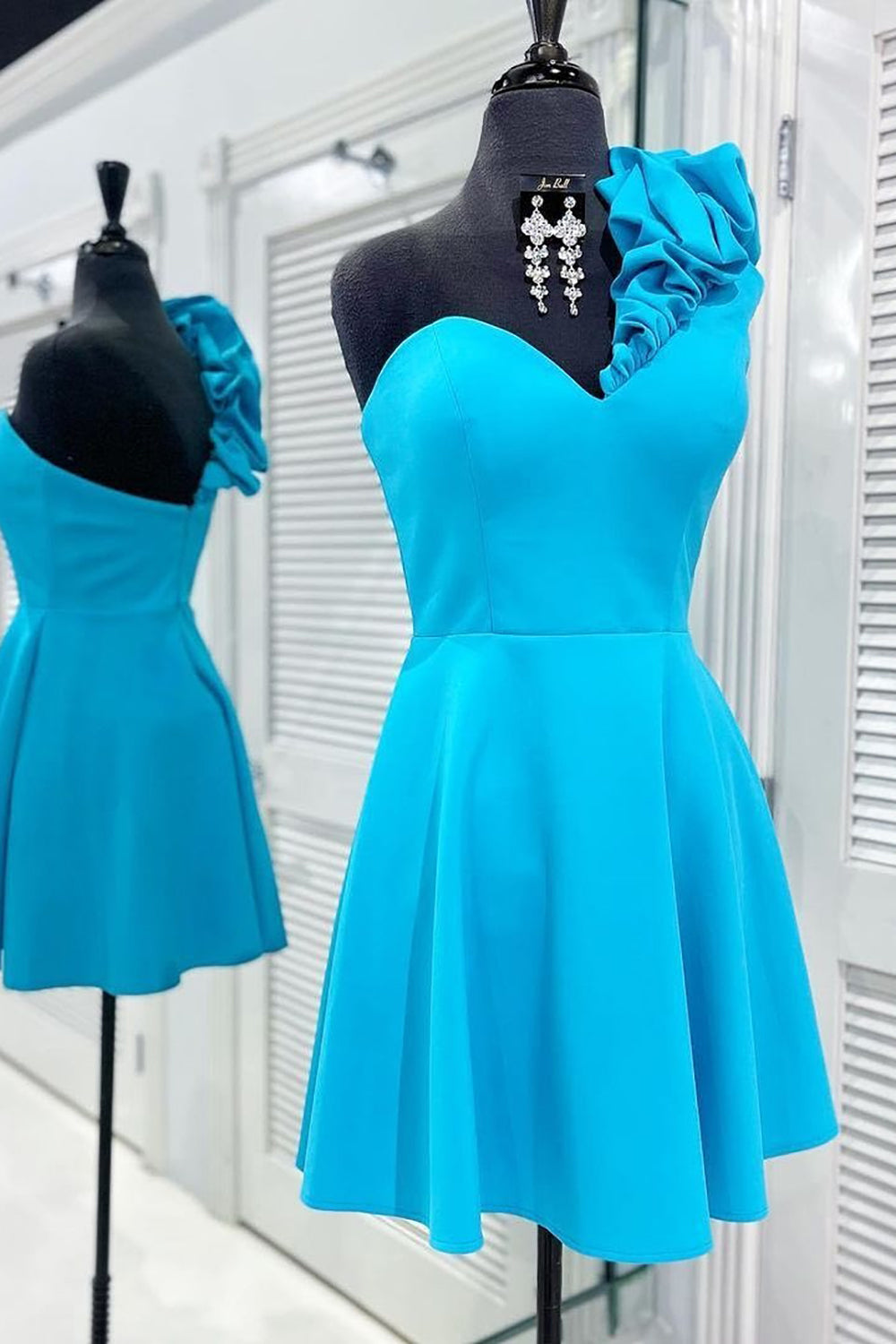 A Line One Shoulder Blue Homecoming Dress Short Prom Dress