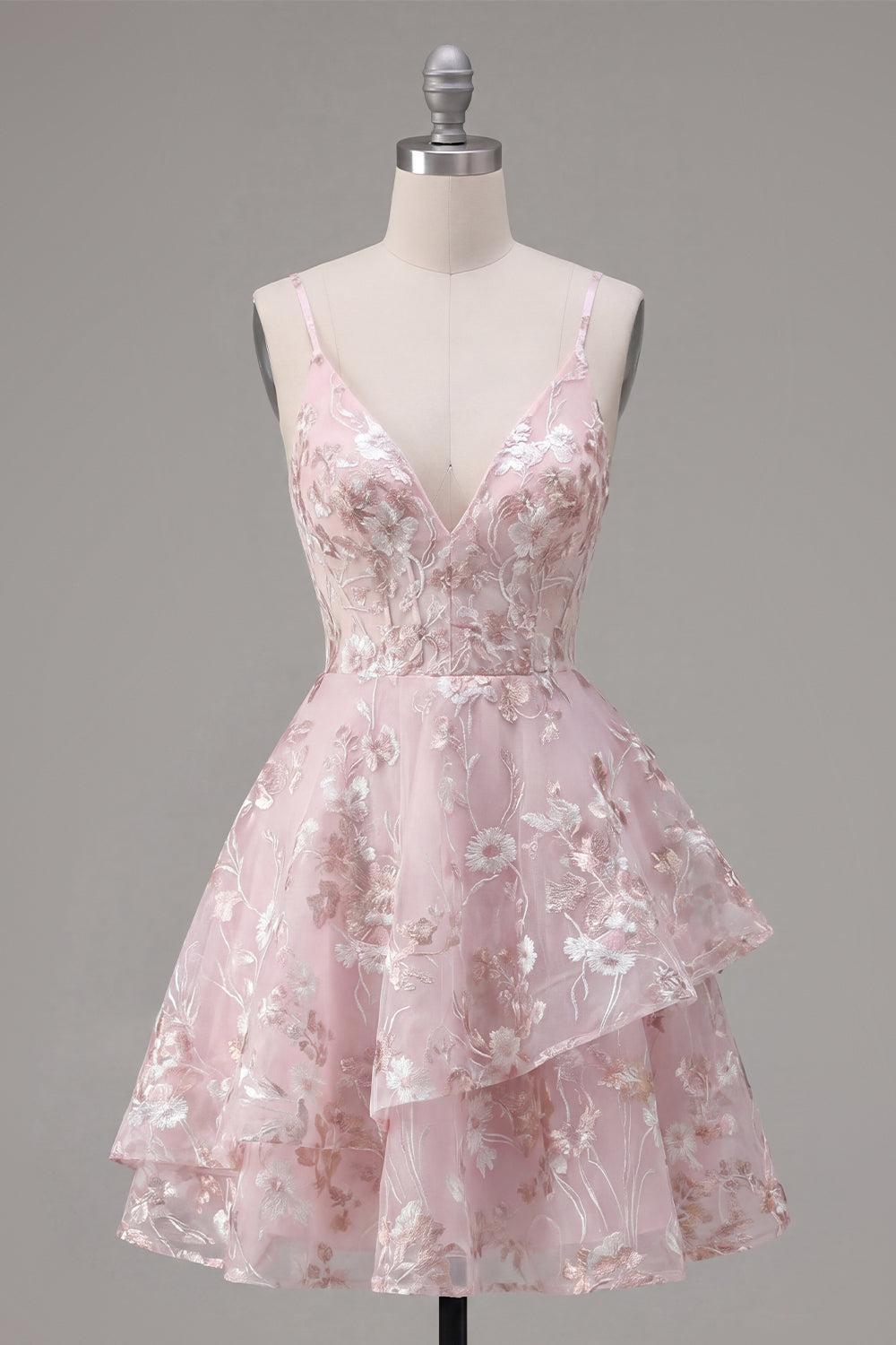 A Line Pink Floral V-Neck Ruffled Short Corset Homecoming Dress