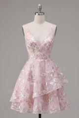 A Line Pink Floral V-Neck Ruffled Short Corset Homecoming Dress