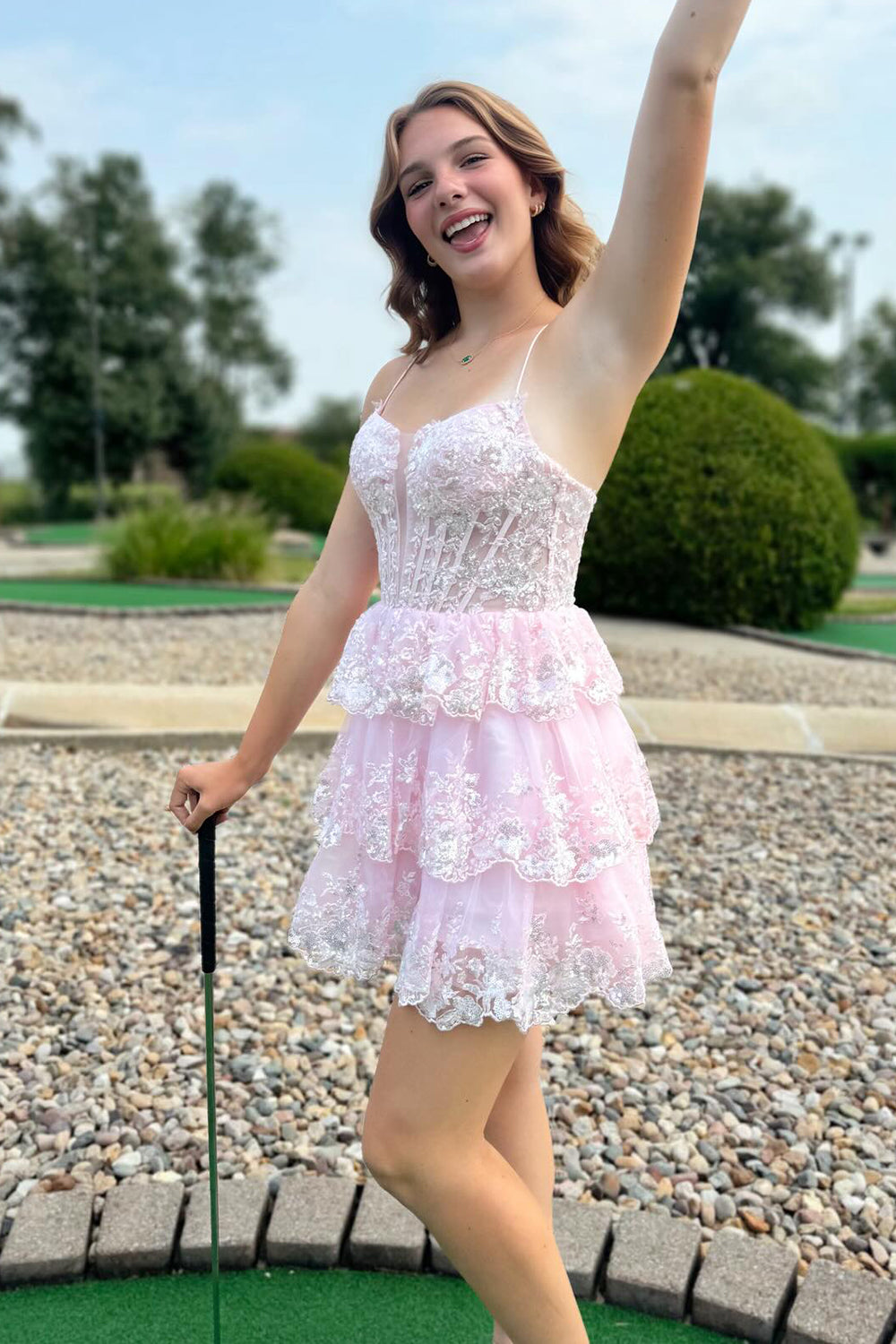 A Line Pink Homecoming Dress Corset Short Prom Dress with Lace-Up Back
