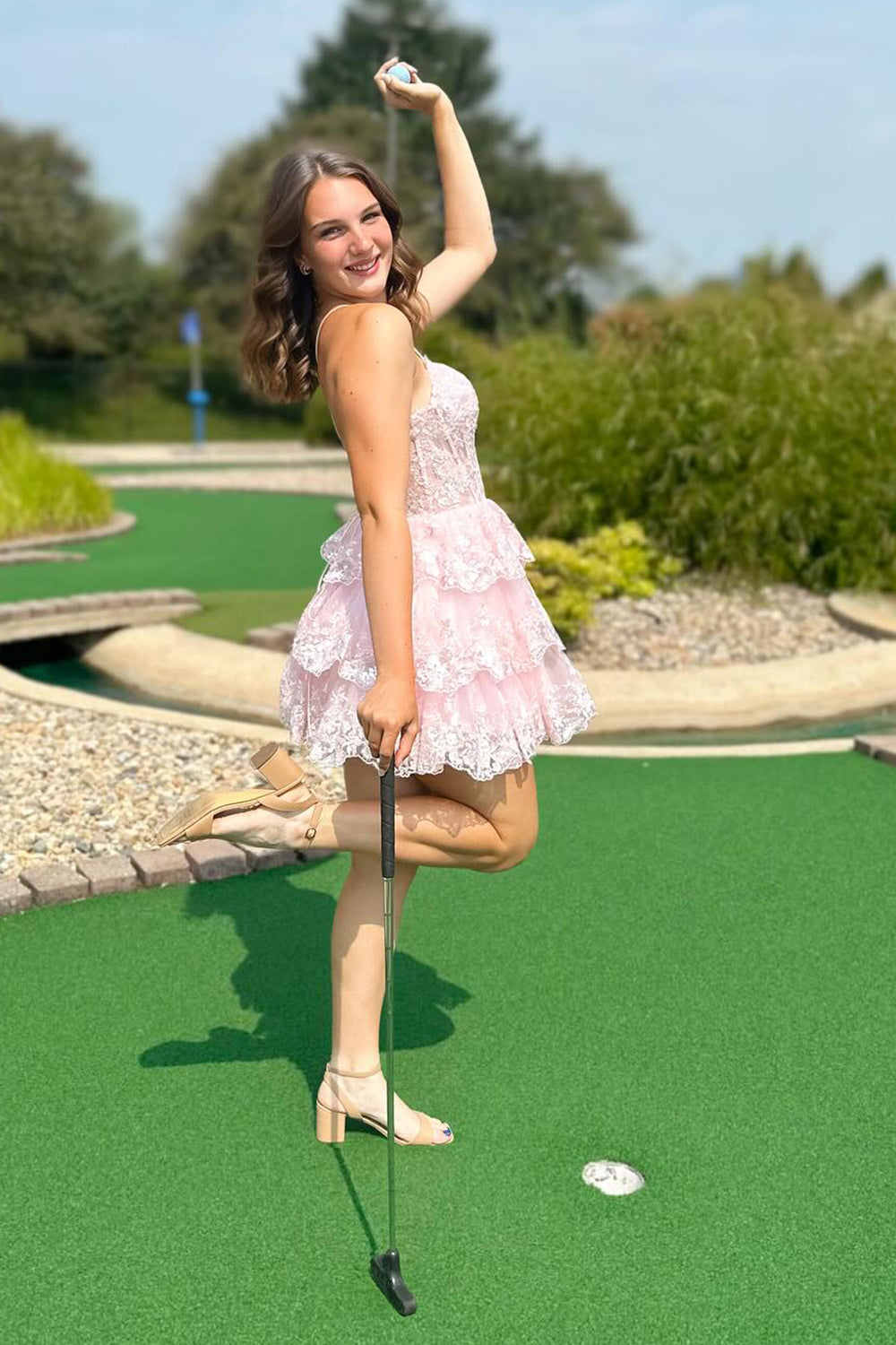 A Line Pink Homecoming Dress Corset Short Prom Dress with Lace-Up Back