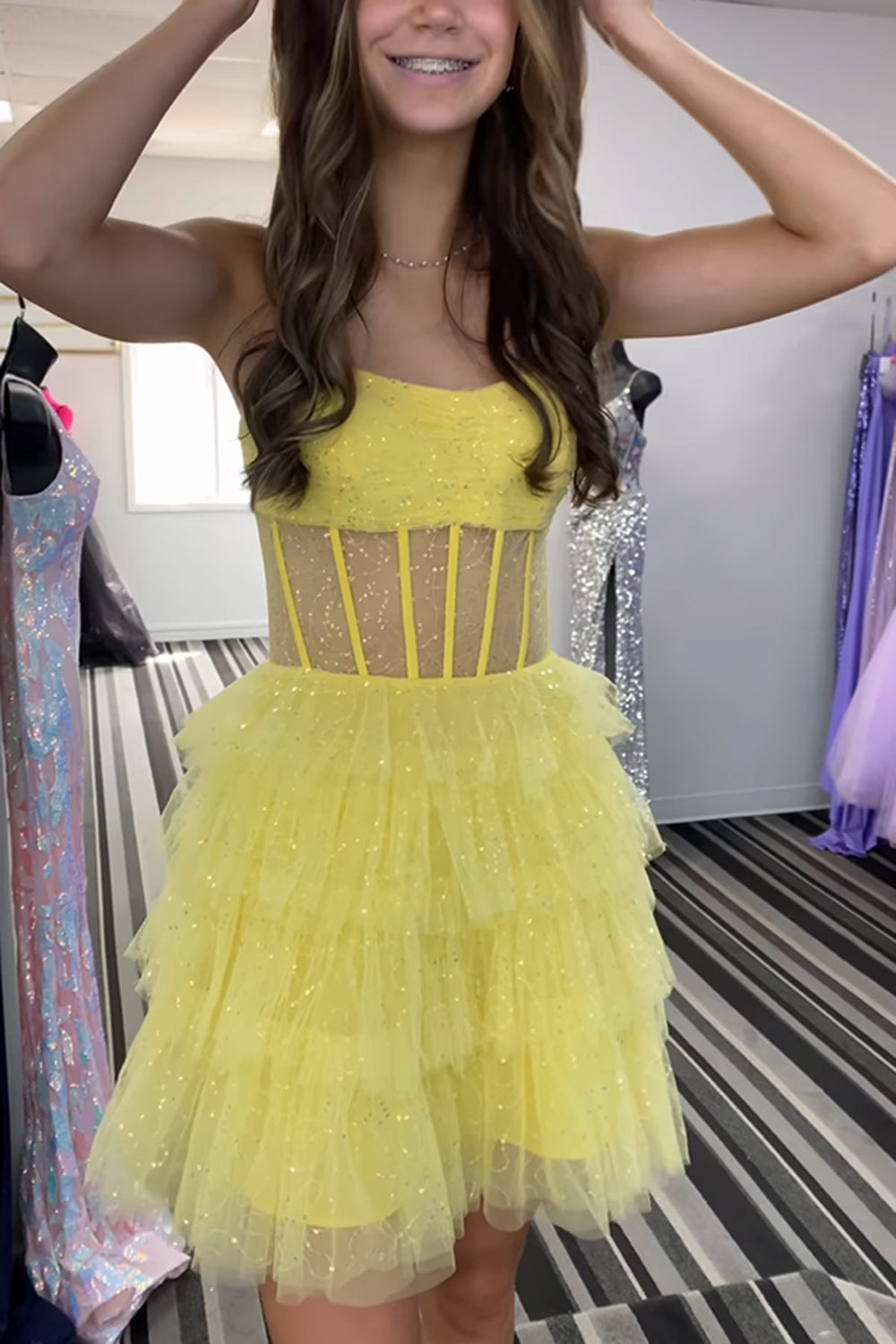 A-Line Pink Homecoming Dress Corset Tiered Tulle Short Cocktail Dresses