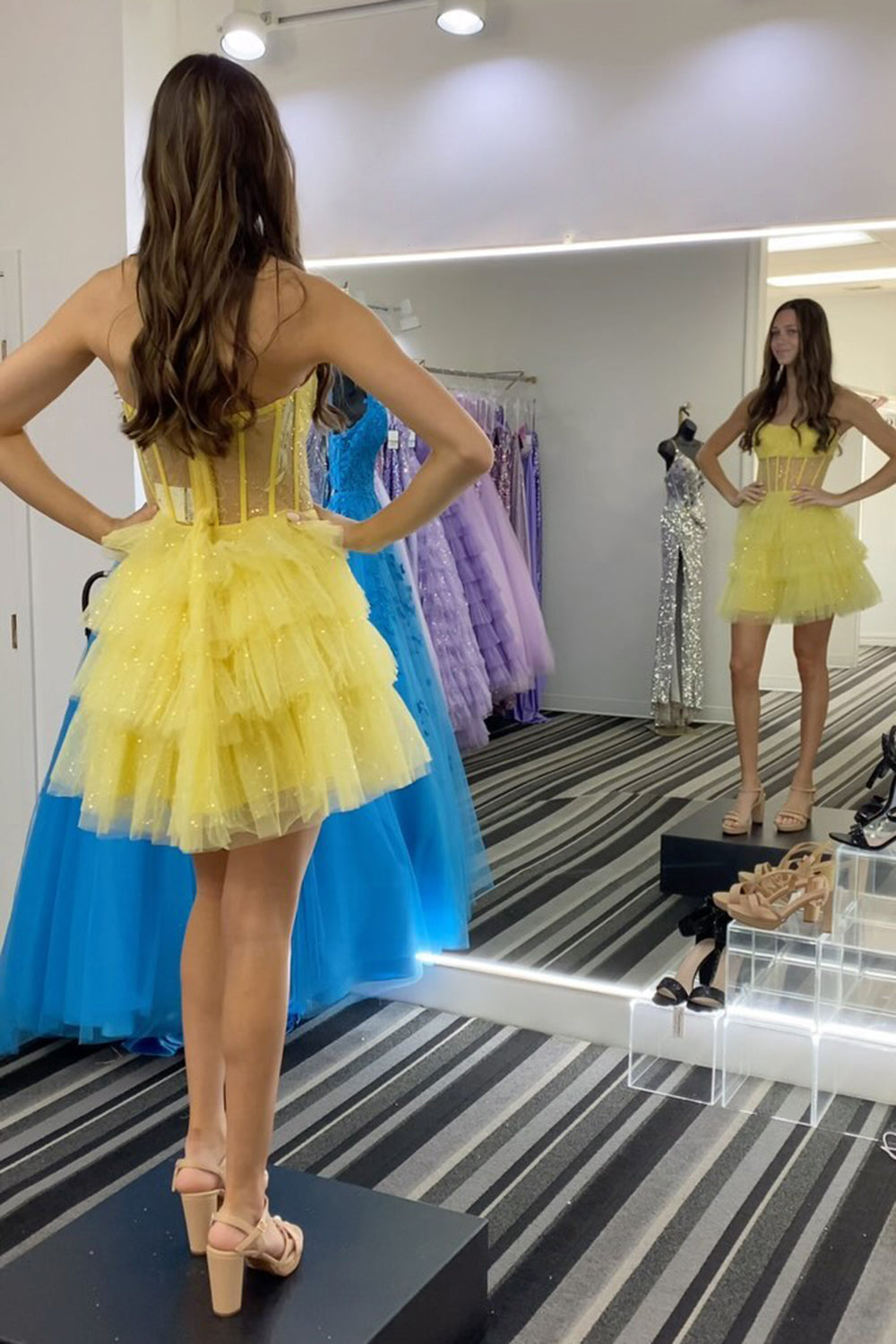 A-Line Pink Homecoming Dress Corset Tiered Tulle Short Cocktail Dresses