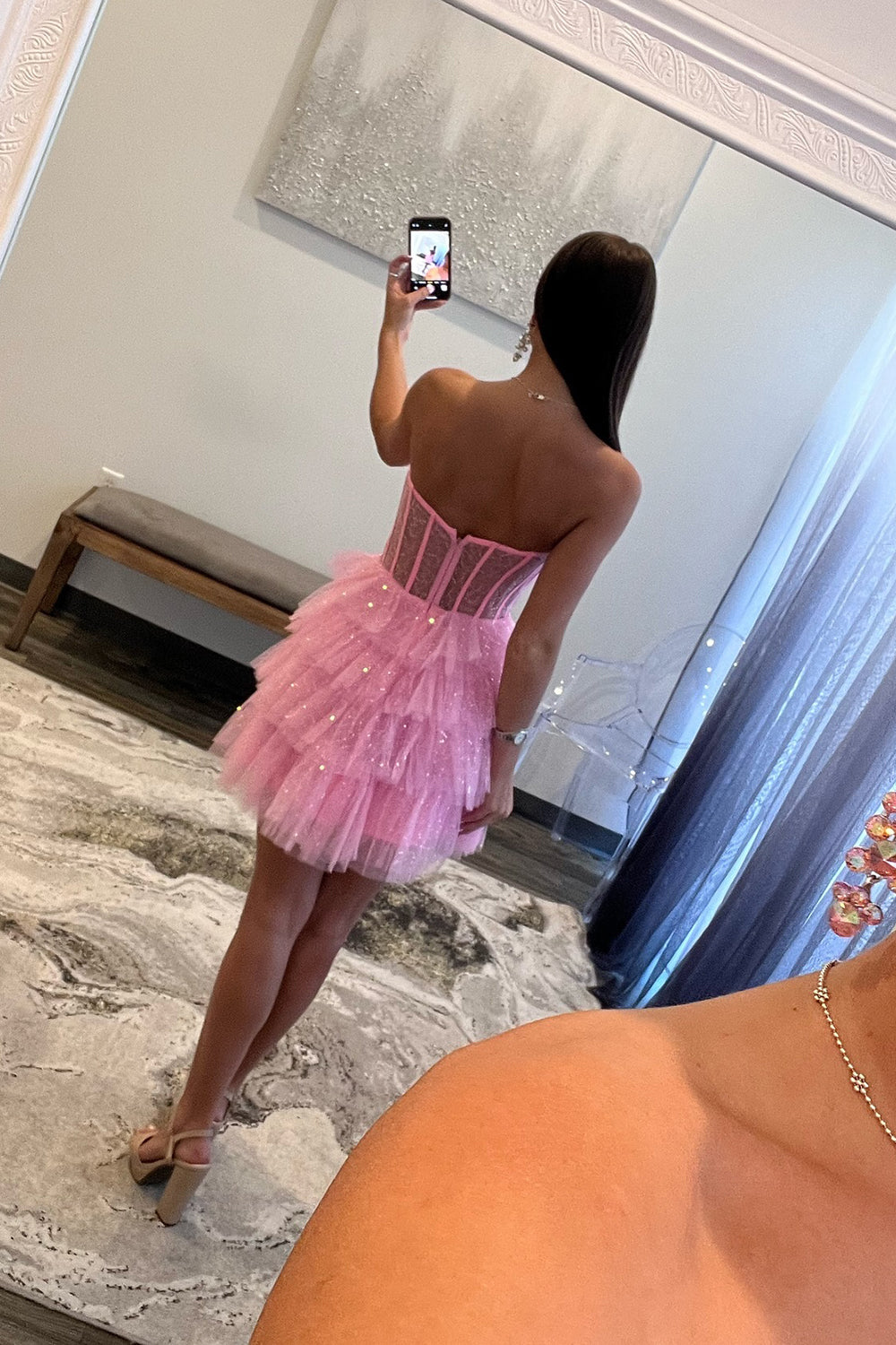 A-Line Pink Homecoming Dress Corset Tiered Tulle Short Cocktail Dresses