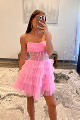 A-Line Pink Homecoming Dress Corset Tiered Tulle Short Cocktail Dresses