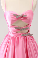 A Line Pink Homecoming Dress Spaghetti Straps Tiered Short Prom Dress with Bow