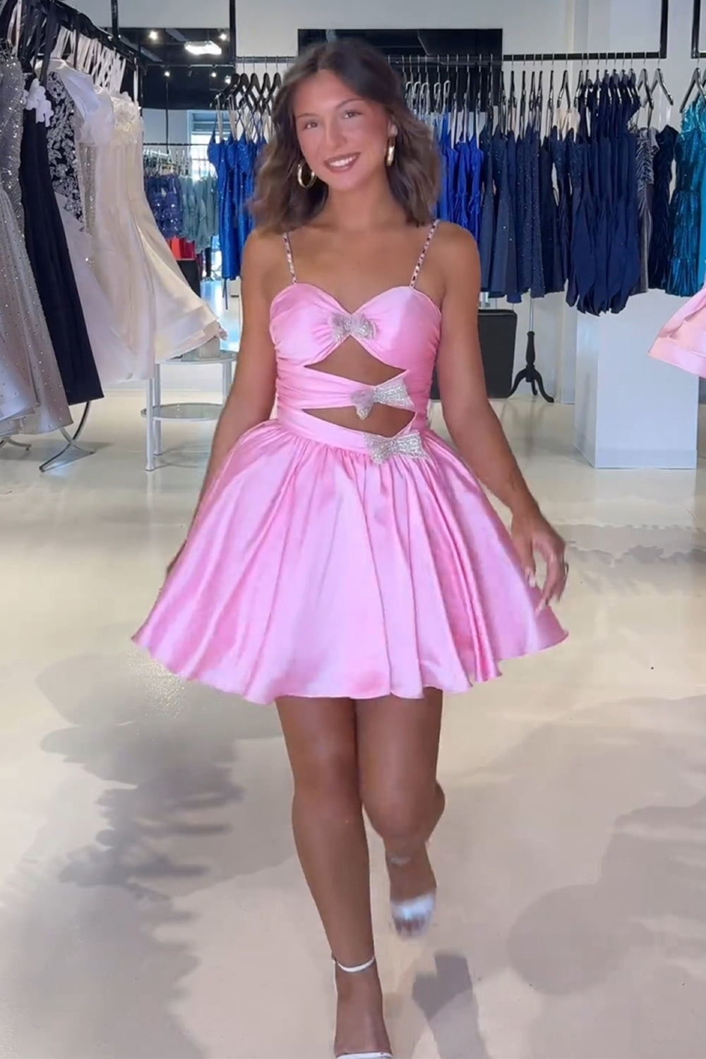 A Line Pink Homecoming Dress Spaghetti Straps Tiered Short Prom Dress with Bow