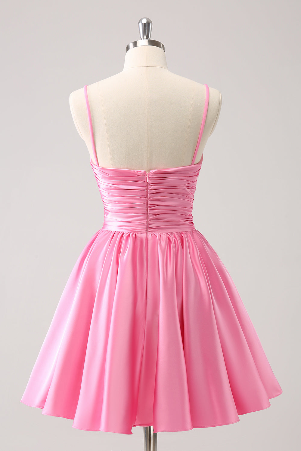 A Line Pink Homecoming Dress Spaghetti Straps Tiered Short Prom Dress with Bow