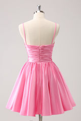 A Line Pink Homecoming Dress Spaghetti Straps Tiered Short Prom Dress with Bow