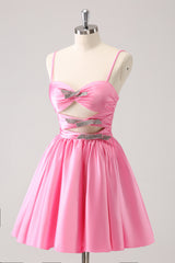 A Line Pink Homecoming Dress Spaghetti Straps Tiered Short Prom Dress with Bow