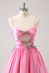 A Line Pink Homecoming Dress Spaghetti Straps Tiered Short Prom Dress with Bow