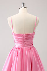 A Line Pink Homecoming Dress Spaghetti Straps Tiered Short Prom Dress with Bow