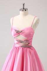 A Line Pink Homecoming Dress Spaghetti Straps Tiered Short Prom Dress with Bow