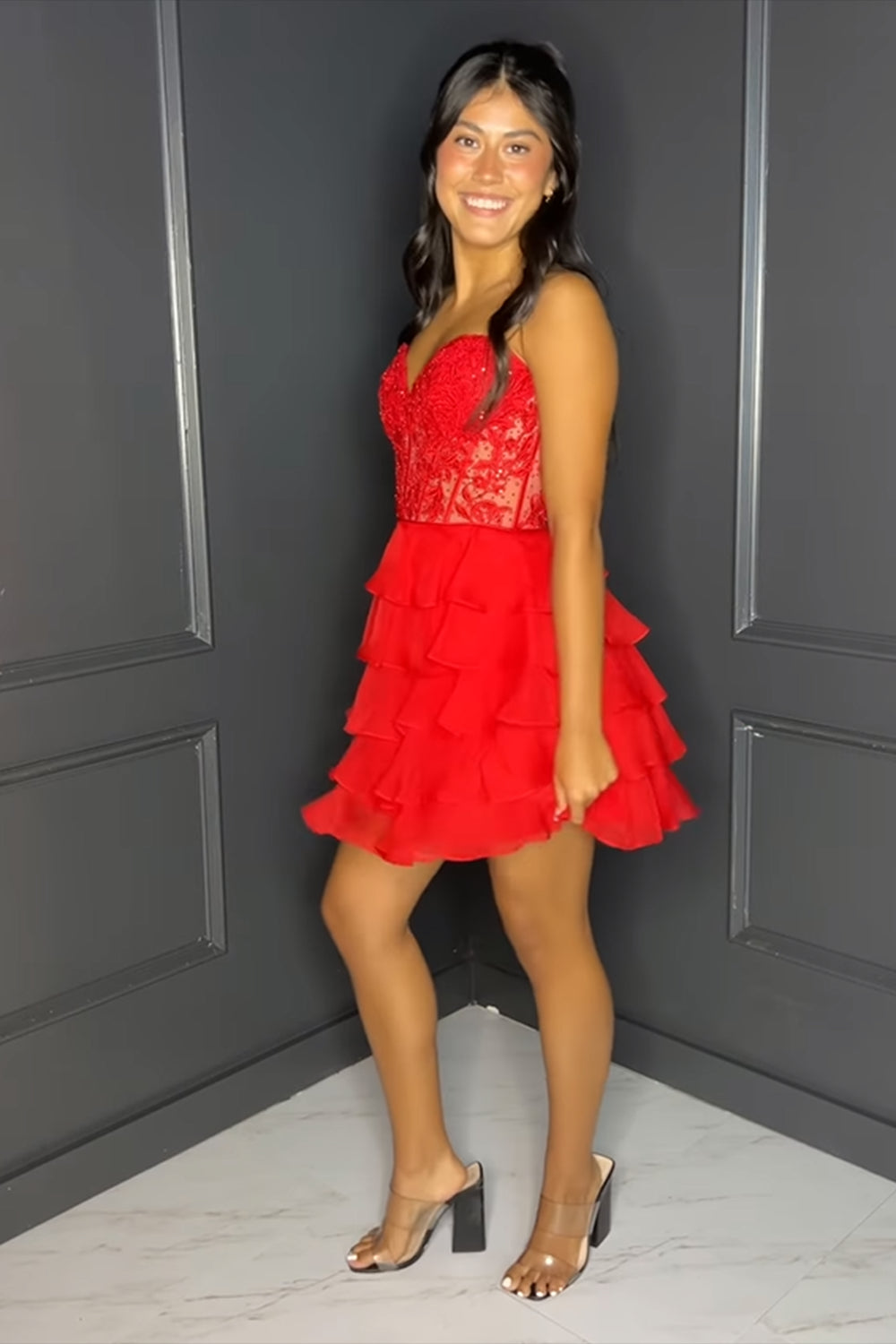 A Line Pink Homecoming Dress Strapless Corset Short Prom Dress with Ruffles