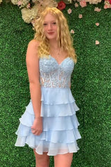 A Line Pink Homecoming Dress Strapless Corset Short Prom Dress with Ruffles
