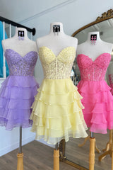 A Line Pink Homecoming Dress Strapless Corset Short Prom Dress with Ruffles