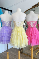 A Line Pink Homecoming Dress Strapless Corset Short Prom Dress with Ruffles