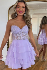 A Line Pink Homecoming Dress Strapless Corset Short Prom Dress with Ruffles