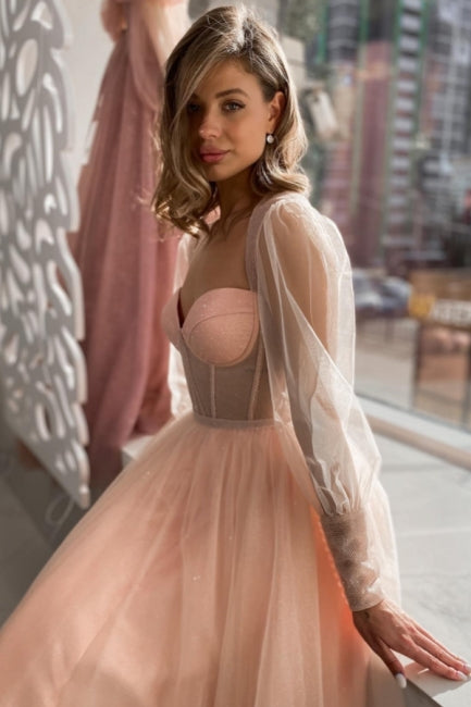 A Line Pink Prom Dress Tulle Sleeves Formal Dress Peach Party Dress
