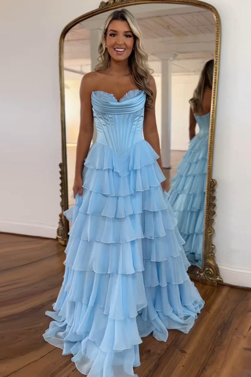 A Line Prom Dress Blue Strapless Tiered Corset Long Evening Dress