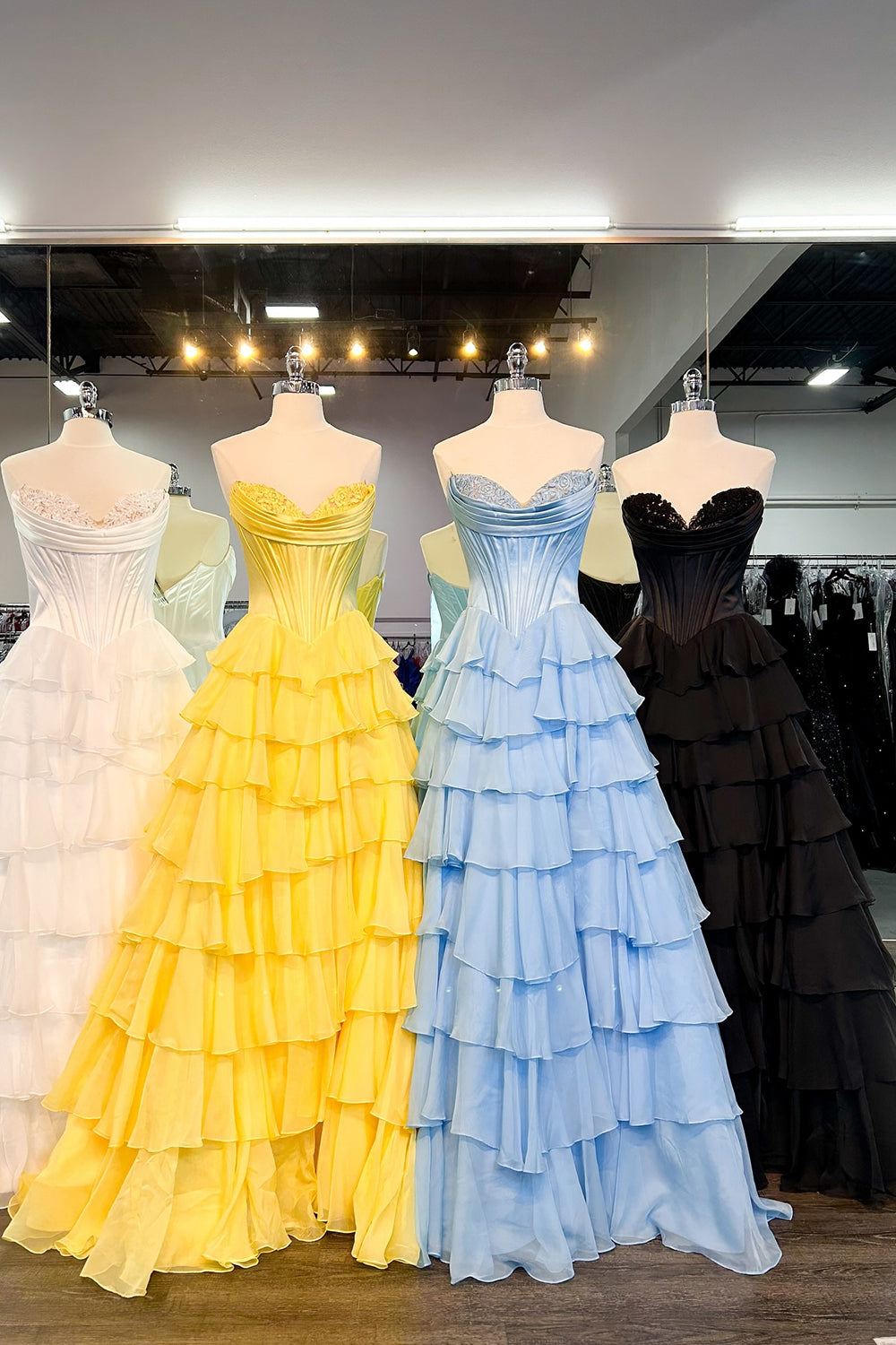 A Line Prom Dress Blue Strapless Tiered Corset Long Evening Dress