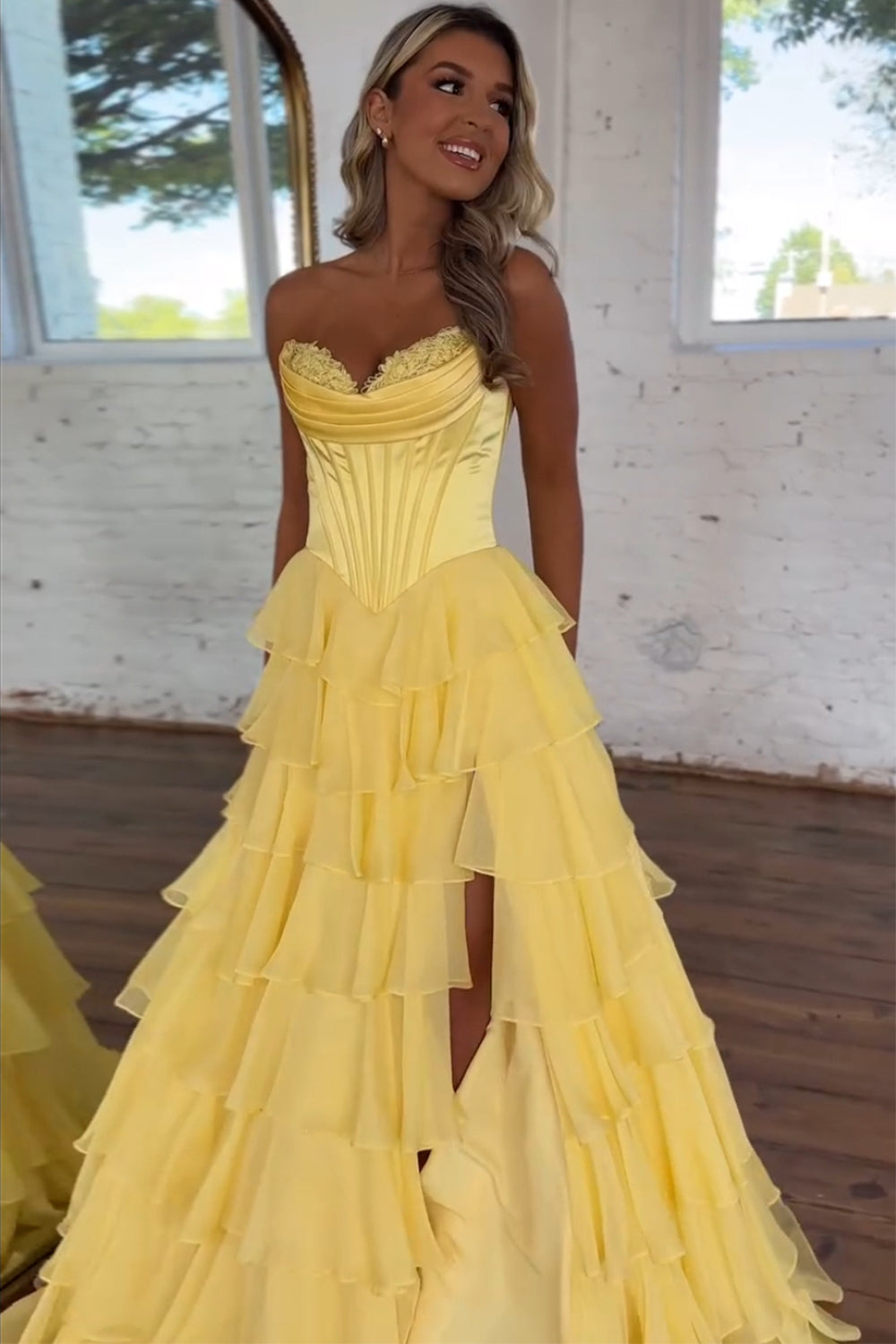 A Line Prom Dress Blue Strapless Tiered Corset Long Evening Dress