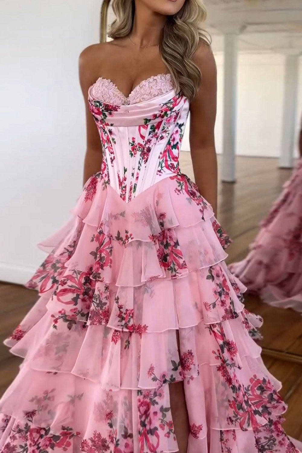 A Line Prom Dress Blue Sweetheart Corset Floral Tiered Long Formal Dress