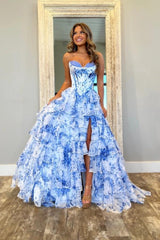A Line Prom Dress Blue Sweetheart Corset Floral Tiered Long Formal Dress