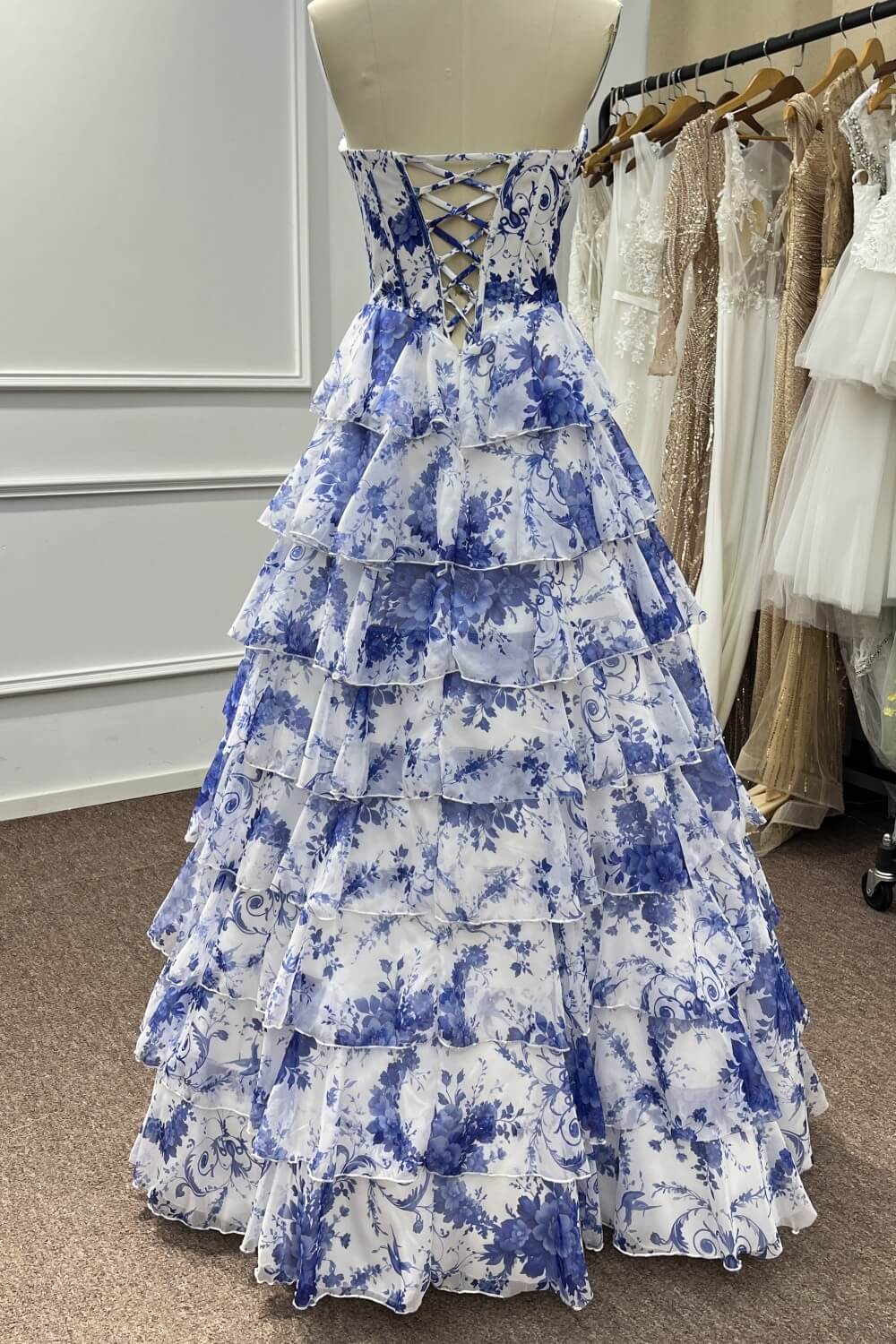 A Line Prom Dress Blue Sweetheart Corset Floral Tiered Long Formal Dress