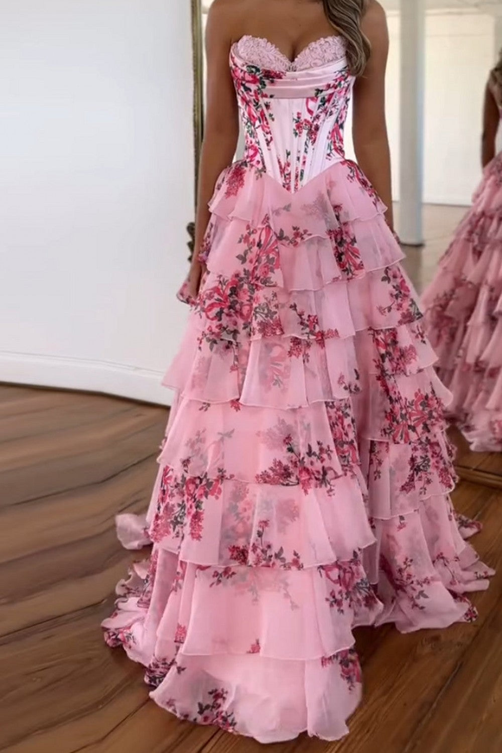 A Line Prom Dress Blue Sweetheart Corset Floral Tiered Long Formal Dress